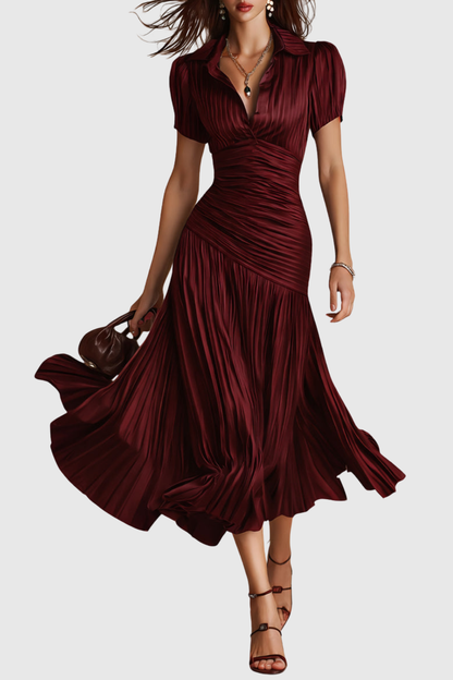 Josette Stripe Pleated Midi Dress - Wine
