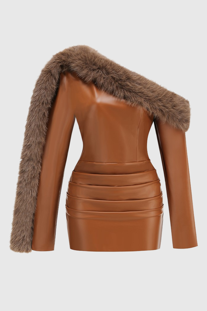 Joura Faux Fur One Shoulder Leather Mini Dress