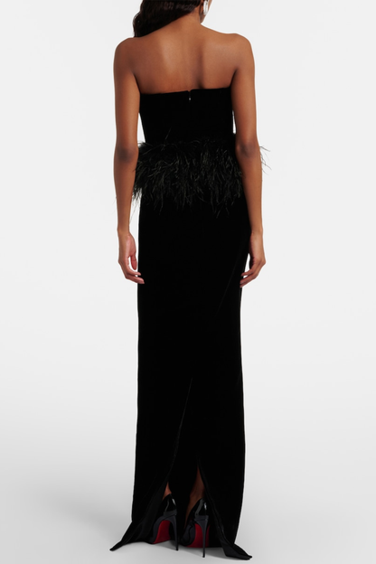 Jovana Strapless Feather Trim Velvet Maxi Dress