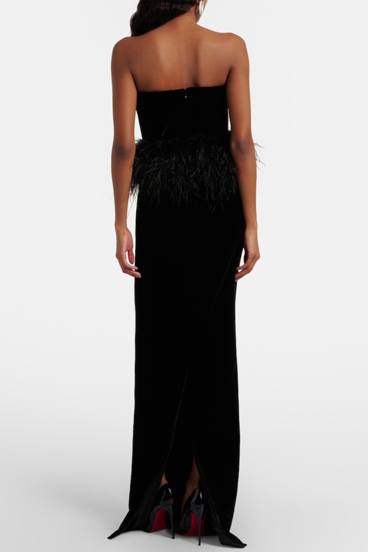 Jovana Strapless Feather Trim Velvet Maxi Dress