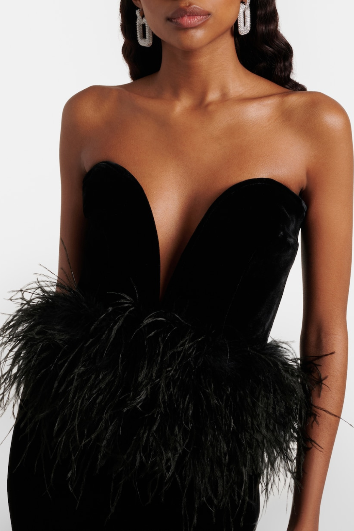 Jovana Strapless Feather Trim Velvet Maxi Dress