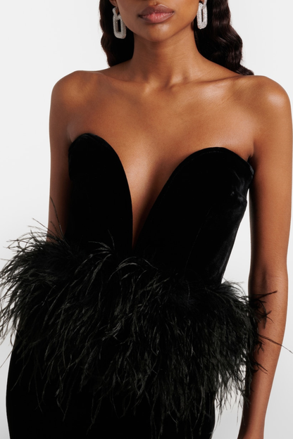 Jovana Strapless Feather Trim Velvet Maxi Dress