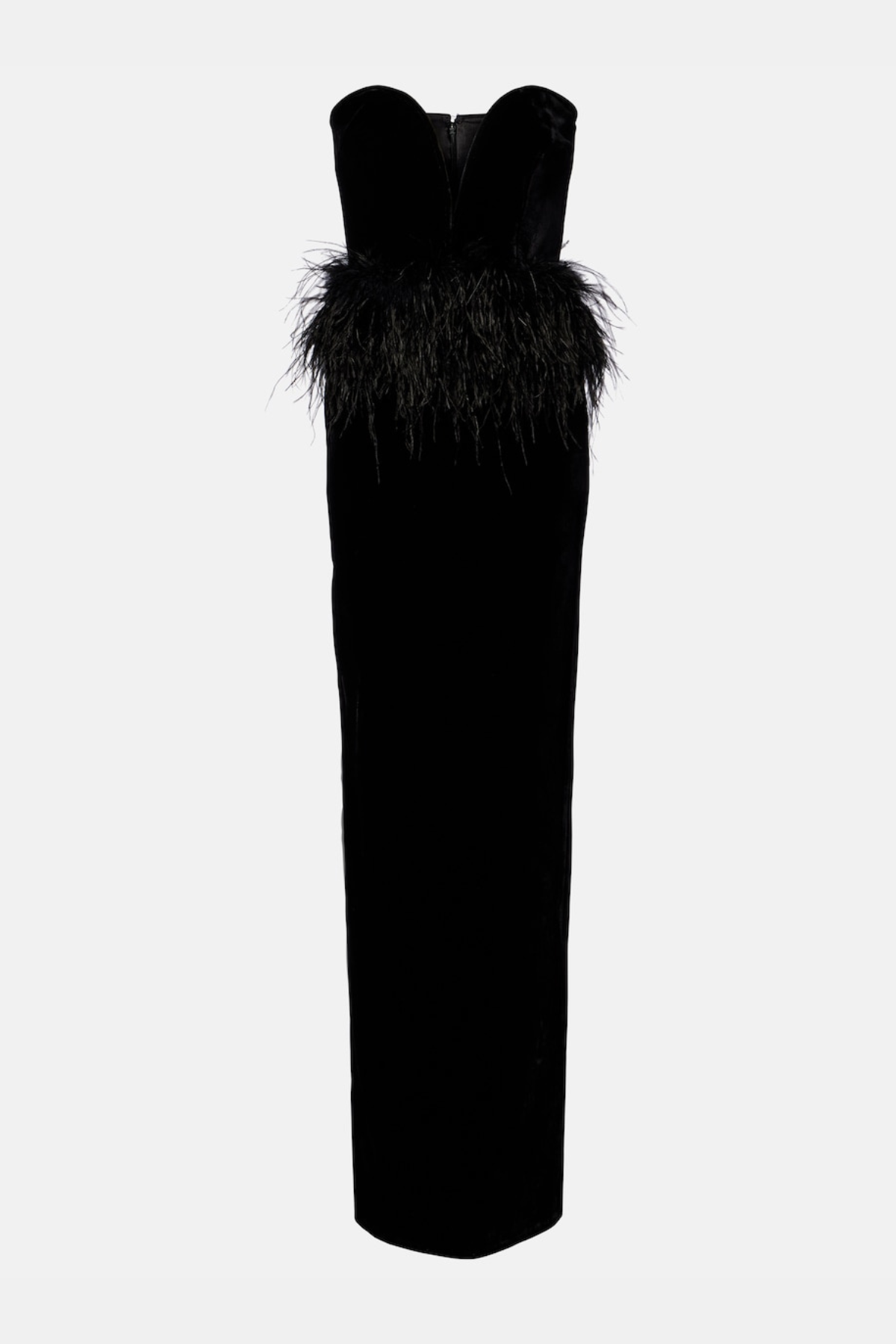 Jovana Strapless Feather Trim Velvet Maxi Dress
