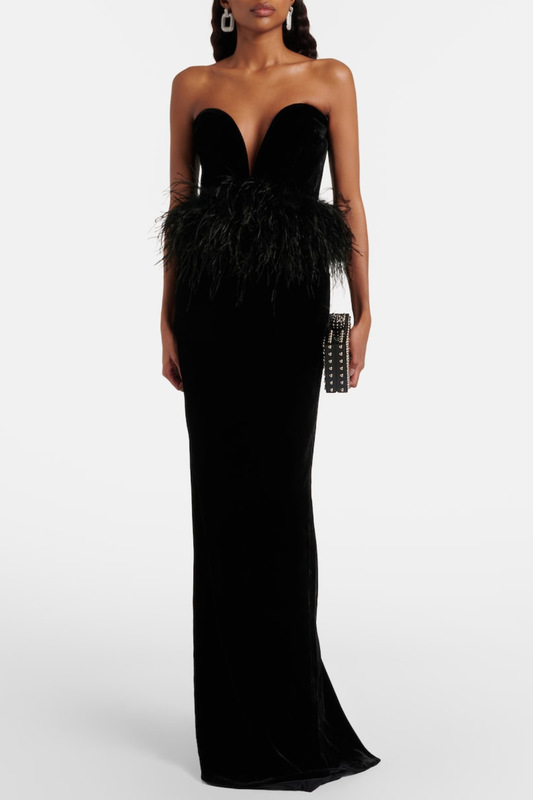 Jovana Strapless Feather Trim Velvet Maxi Dress
