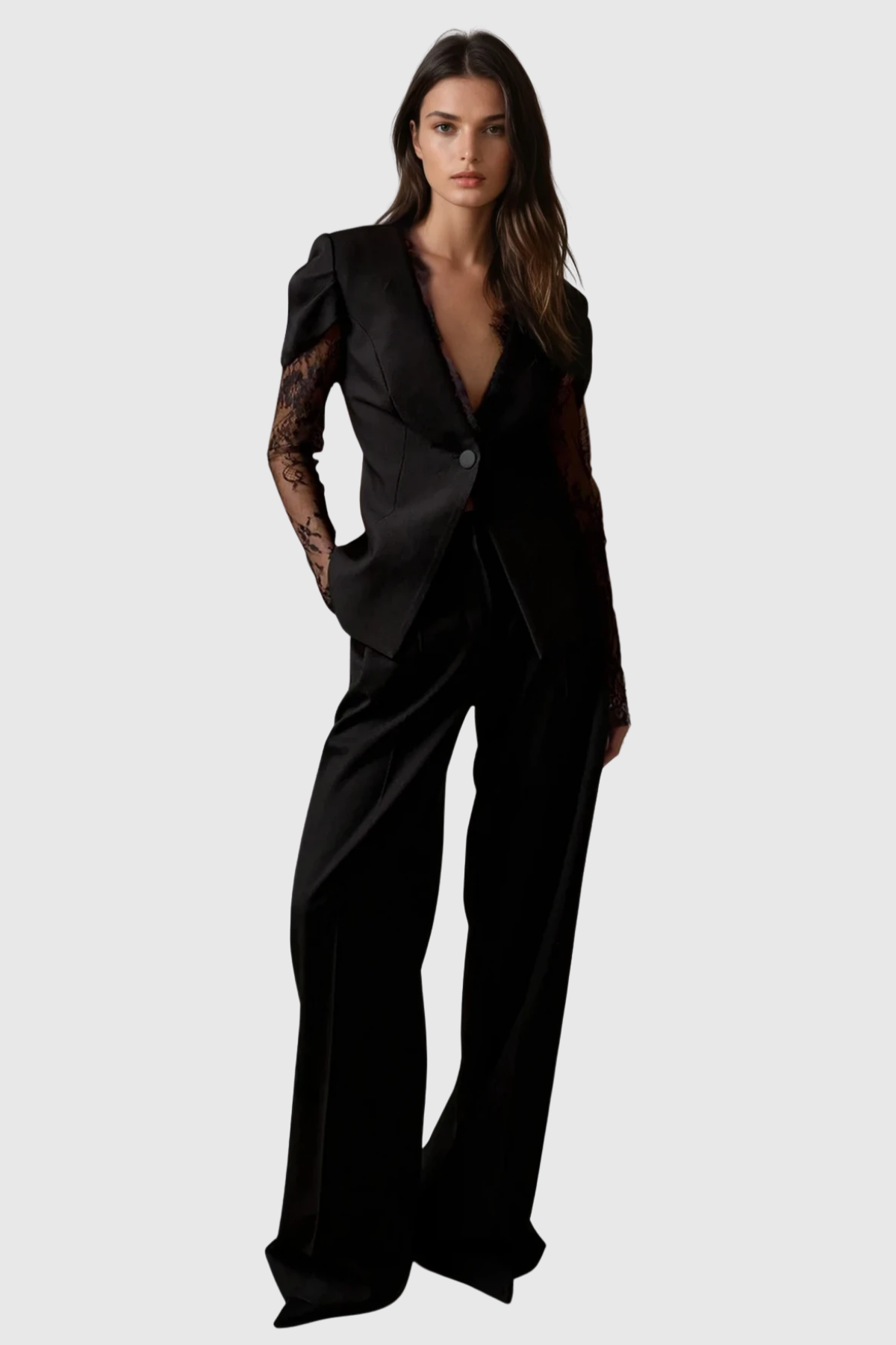 Jream Plunge Lace Blazer - Black