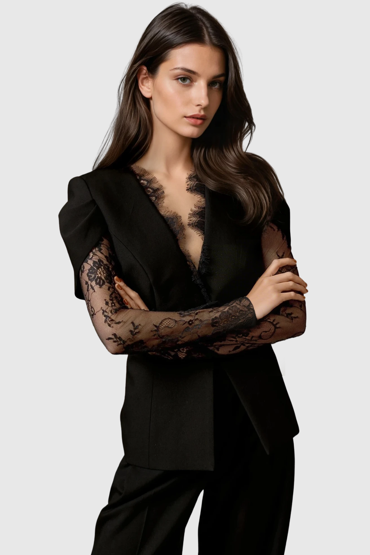 Jream Plunge Lace Blazer - Black