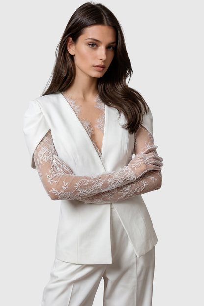 Jream Plunge Lace Blazer - White