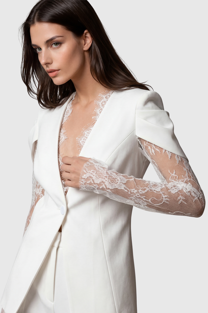 Jream Plunge Lace Blazer - White