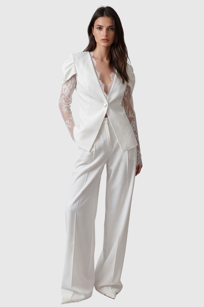 Jream Plunge Lace Blazer - White
