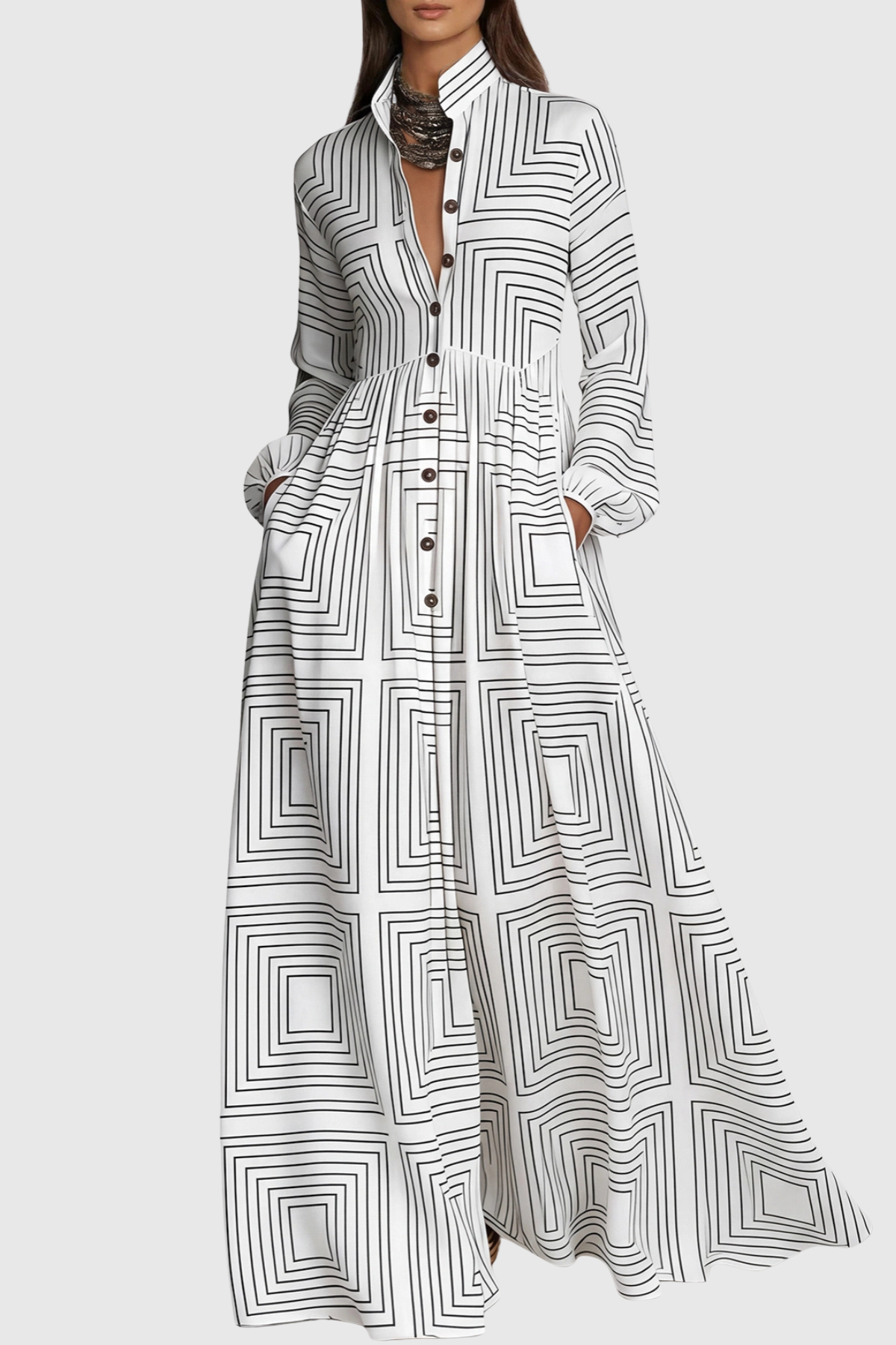 Judie Geometric Print Maxi Dress - White