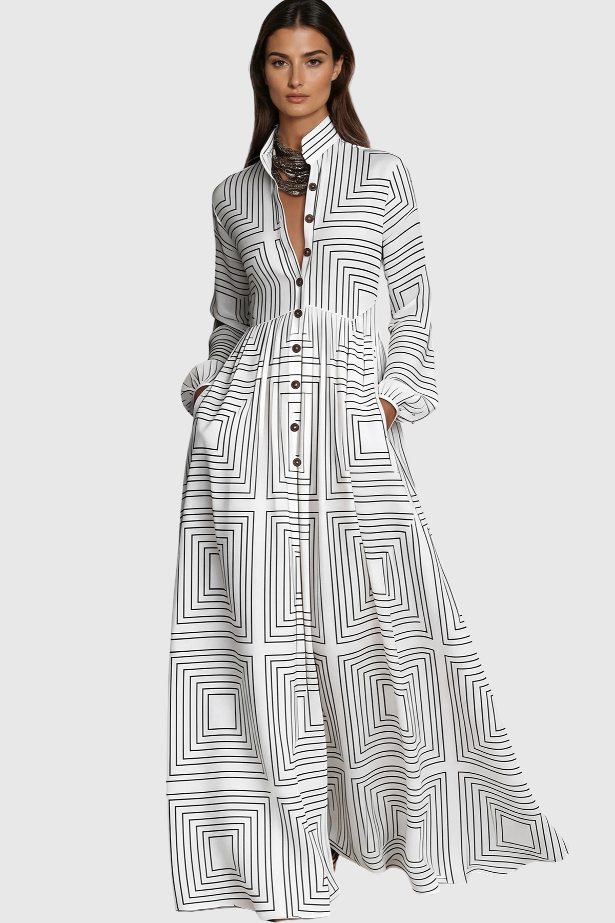 Judie Geometric Print Maxi Dress - White