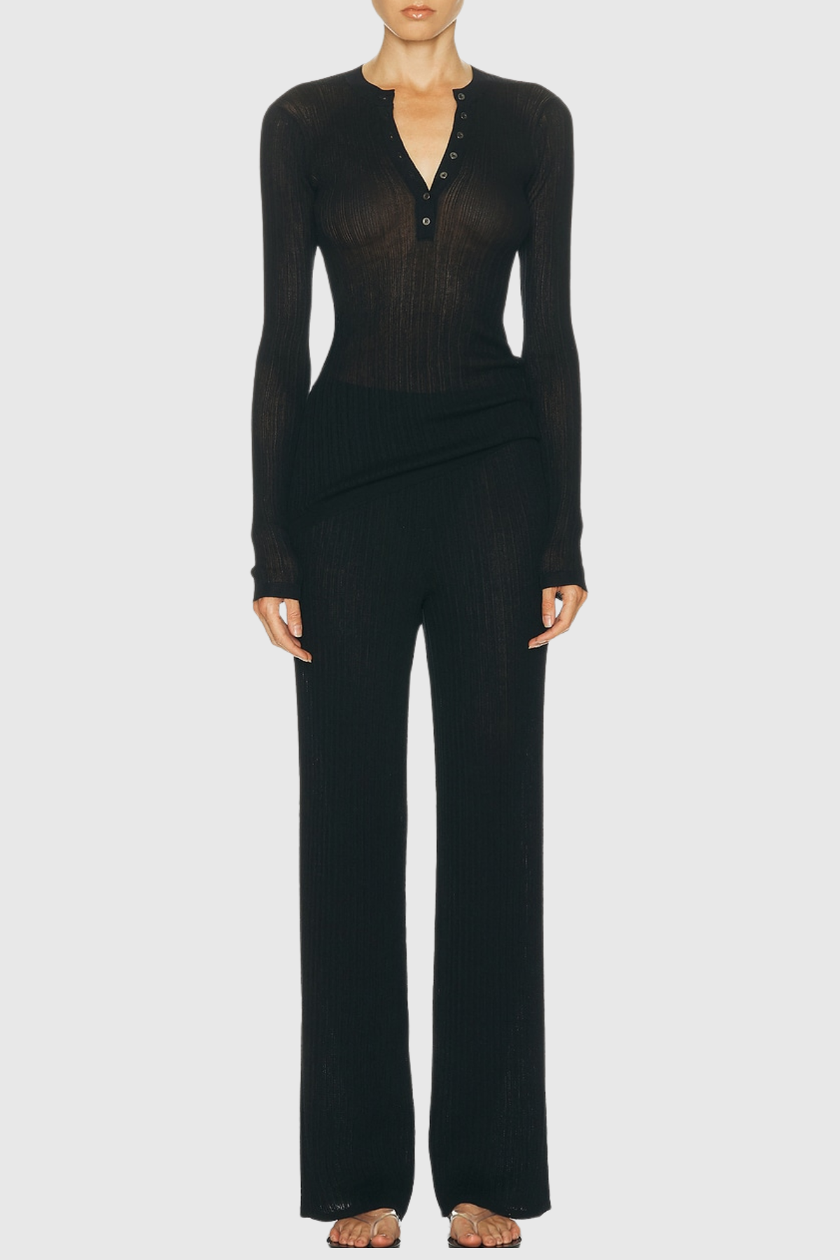 Jules Sheer Long Sleeve Knit Top - Black