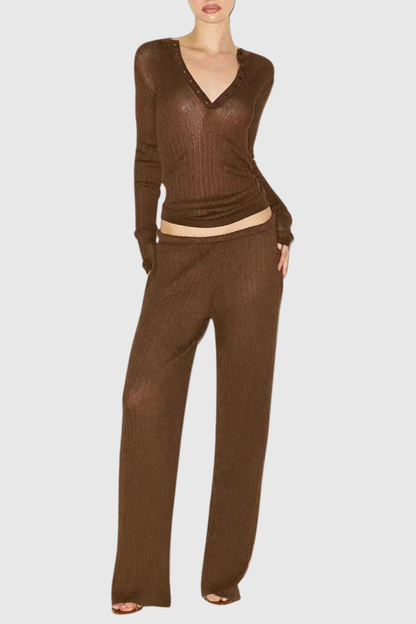 Jules Sheer Long Sleeve Knit Top - Brown