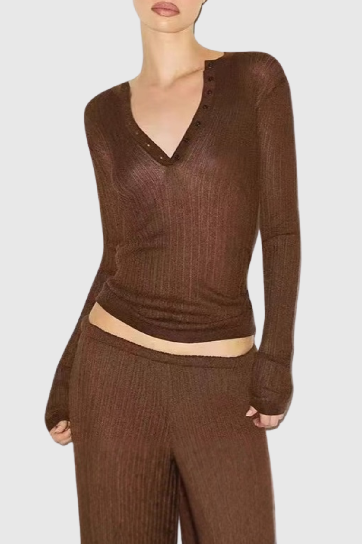 Jules Sheer Long Sleeve Knit Top - Brown