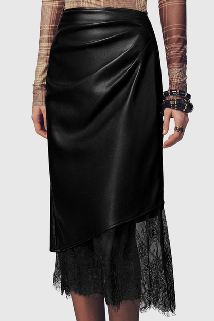 Julian Lace Hem Leather Midi Skirt - Black