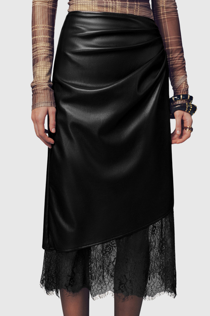 Julian Lace Hem Leather Midi Skirt - Black