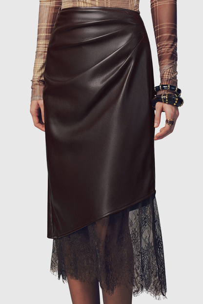 Julian Lace Hem Leather Midi Skirt - Brown