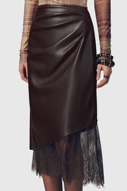 Julian Lace Hem Leather Midi Skirt - Brown
