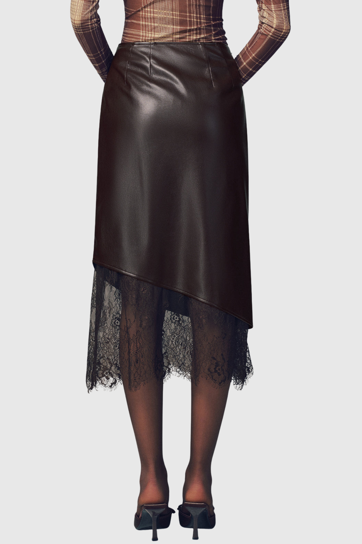 Julian Lace Hem Leather Midi Skirt - Brown