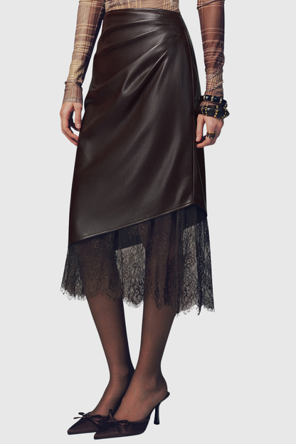 Julian Lace Hem Leather Midi Skirt - Brown