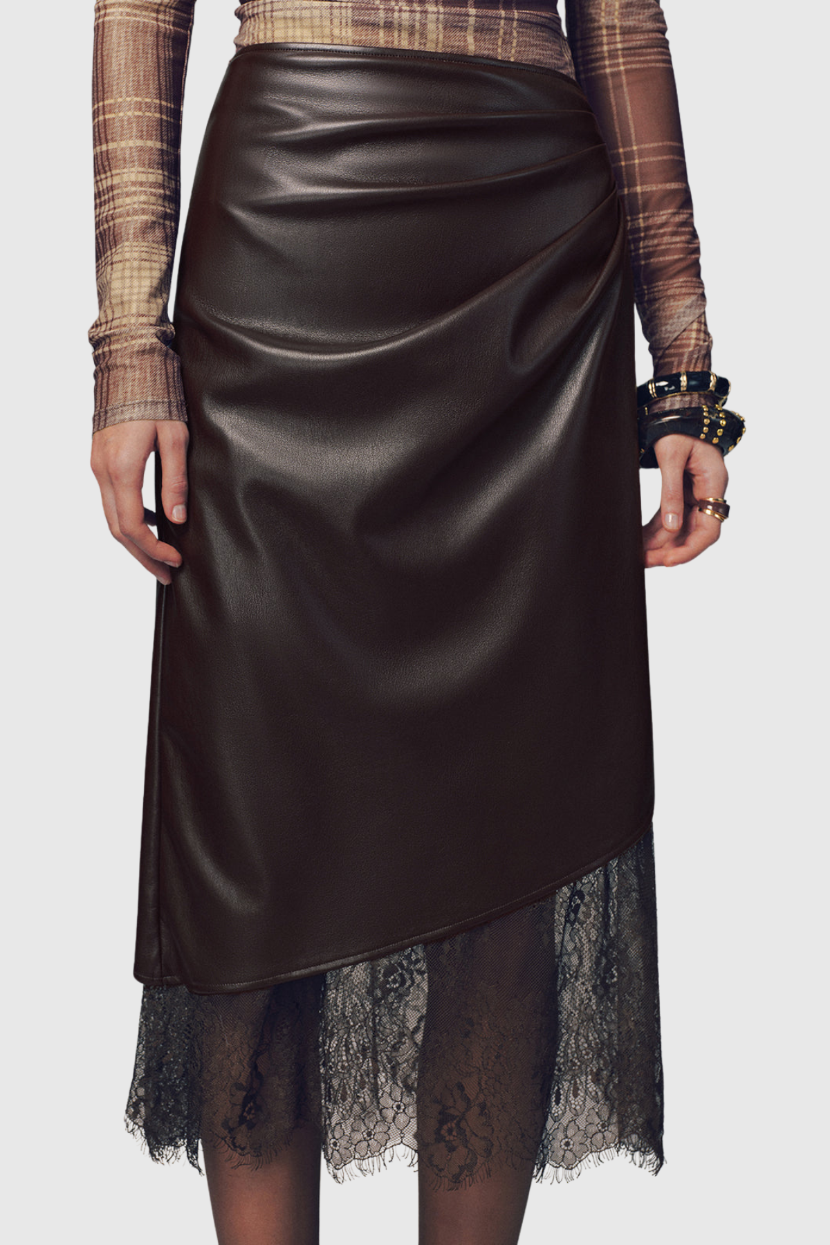 Julian Lace Hem Leather Midi Skirt - Brown