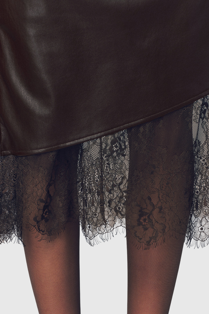 Julian Lace Hem Leather Midi Skirt - Brown