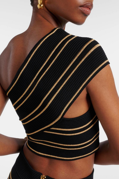 Julius One Shoulder Striped Knit Top & Midi Skirt Set