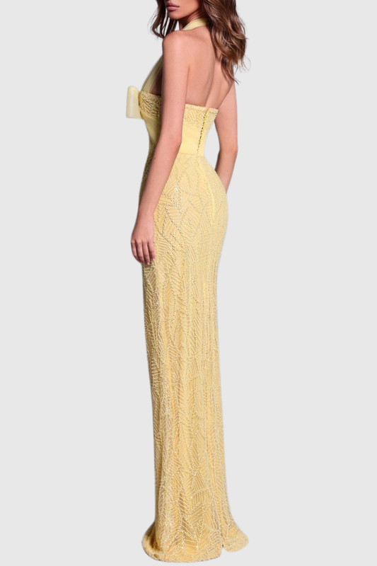 Juni Halter Bowknot Bead Embellished Maxi Dress