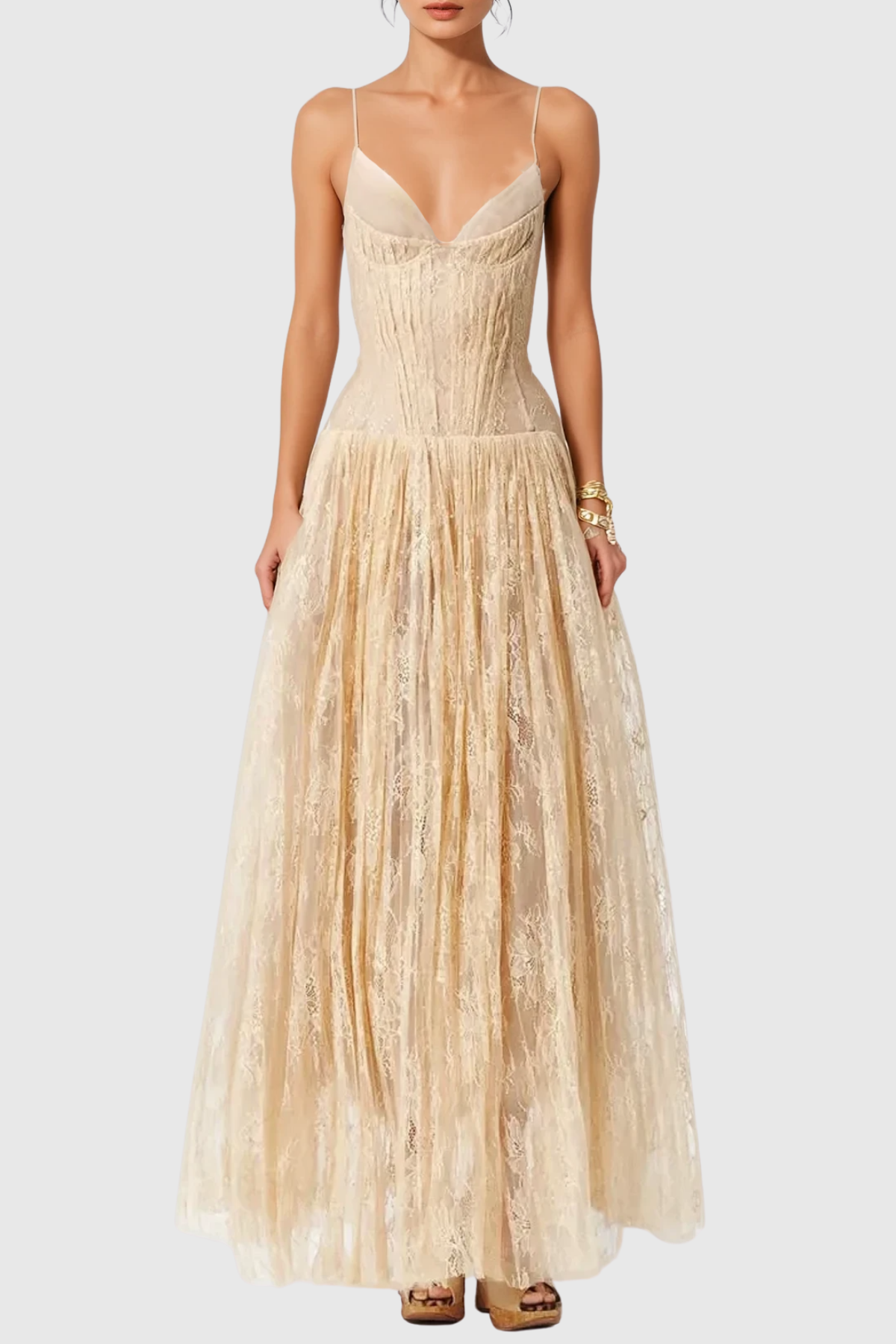 Jurin Lace Pleated Maxi Dress - Beige