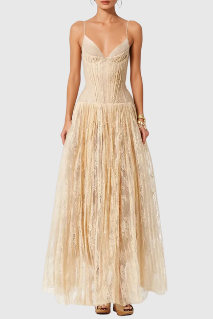 Jurin Lace Pleated Maxi Dress - Beige