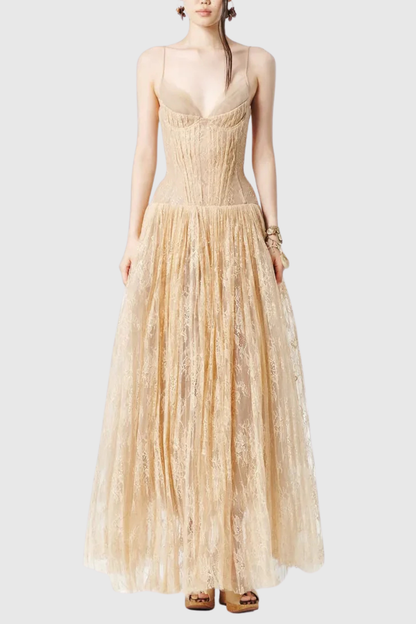 Jurin Lace Pleated Maxi Dress - Beige
