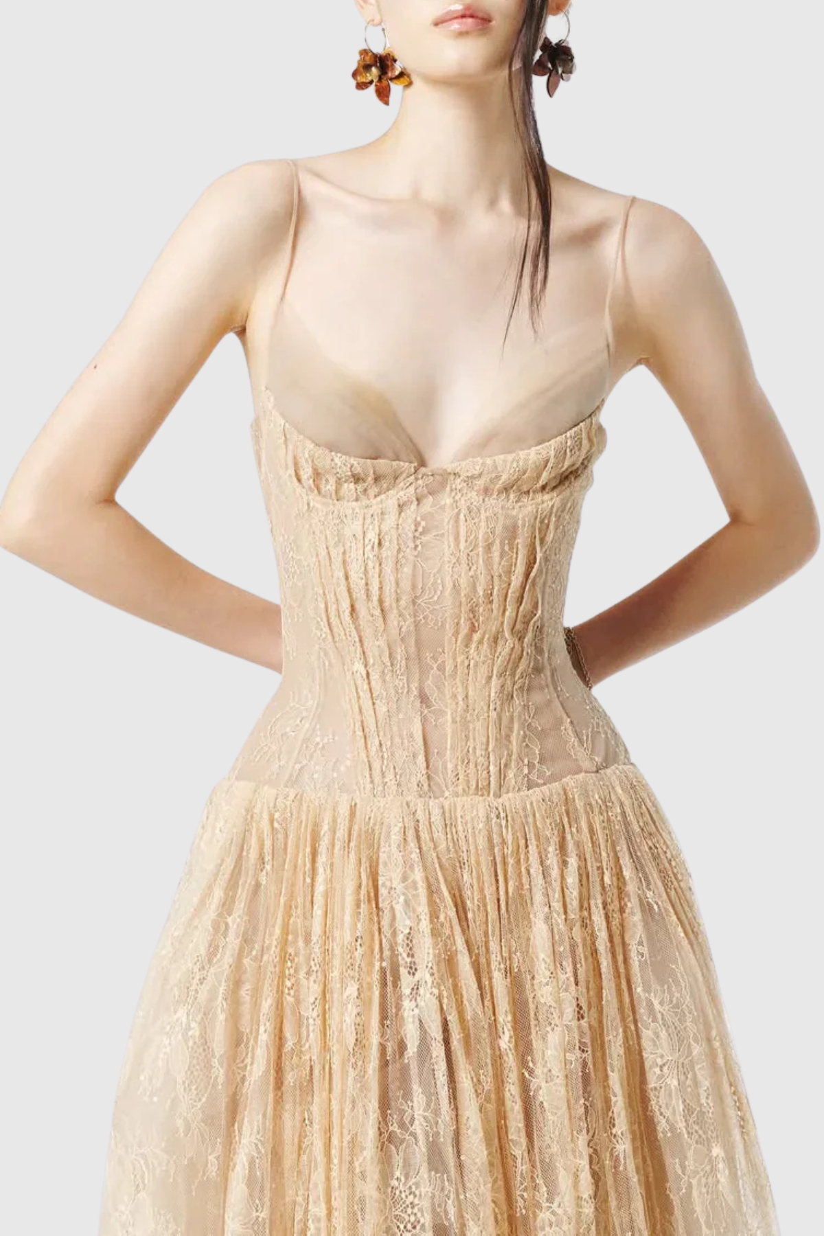 Jurin Lace Pleated Maxi Dress - Beige