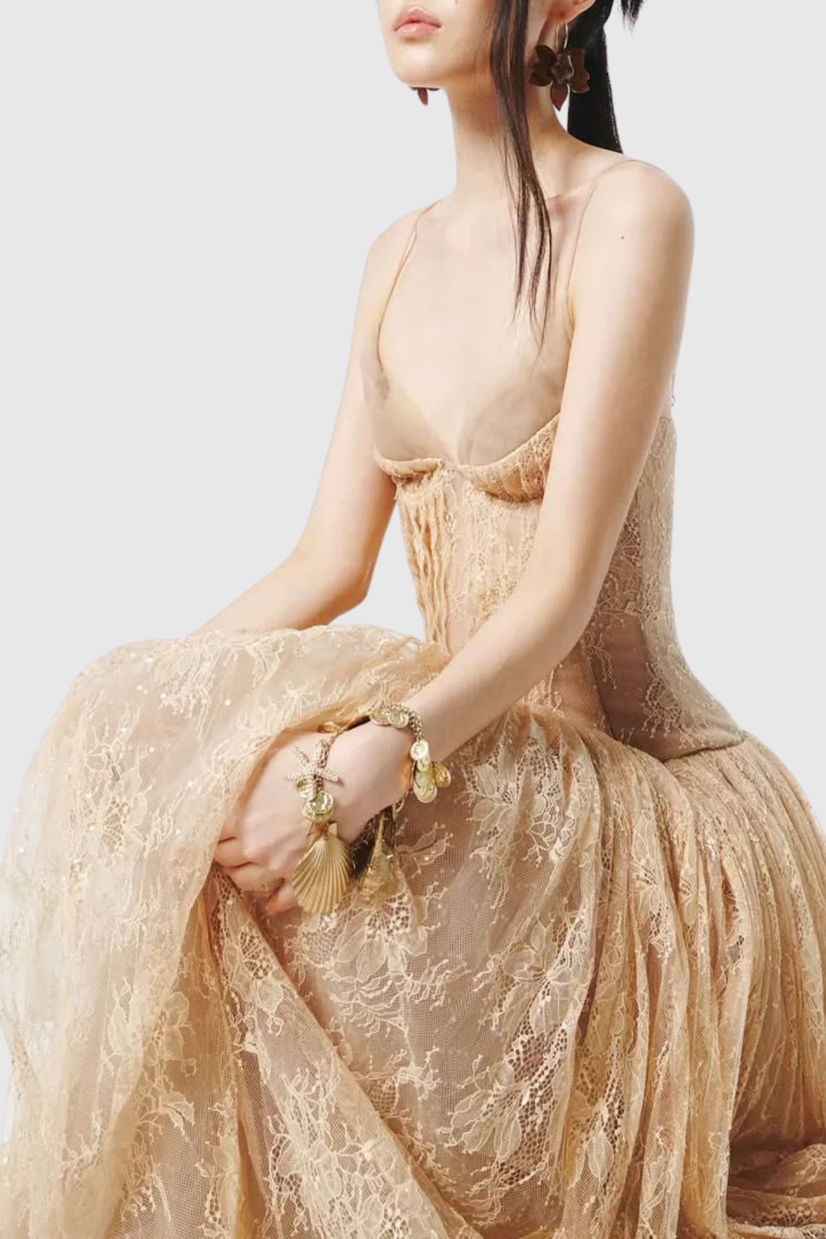 Jurin Lace Pleated Maxi Dress - Beige