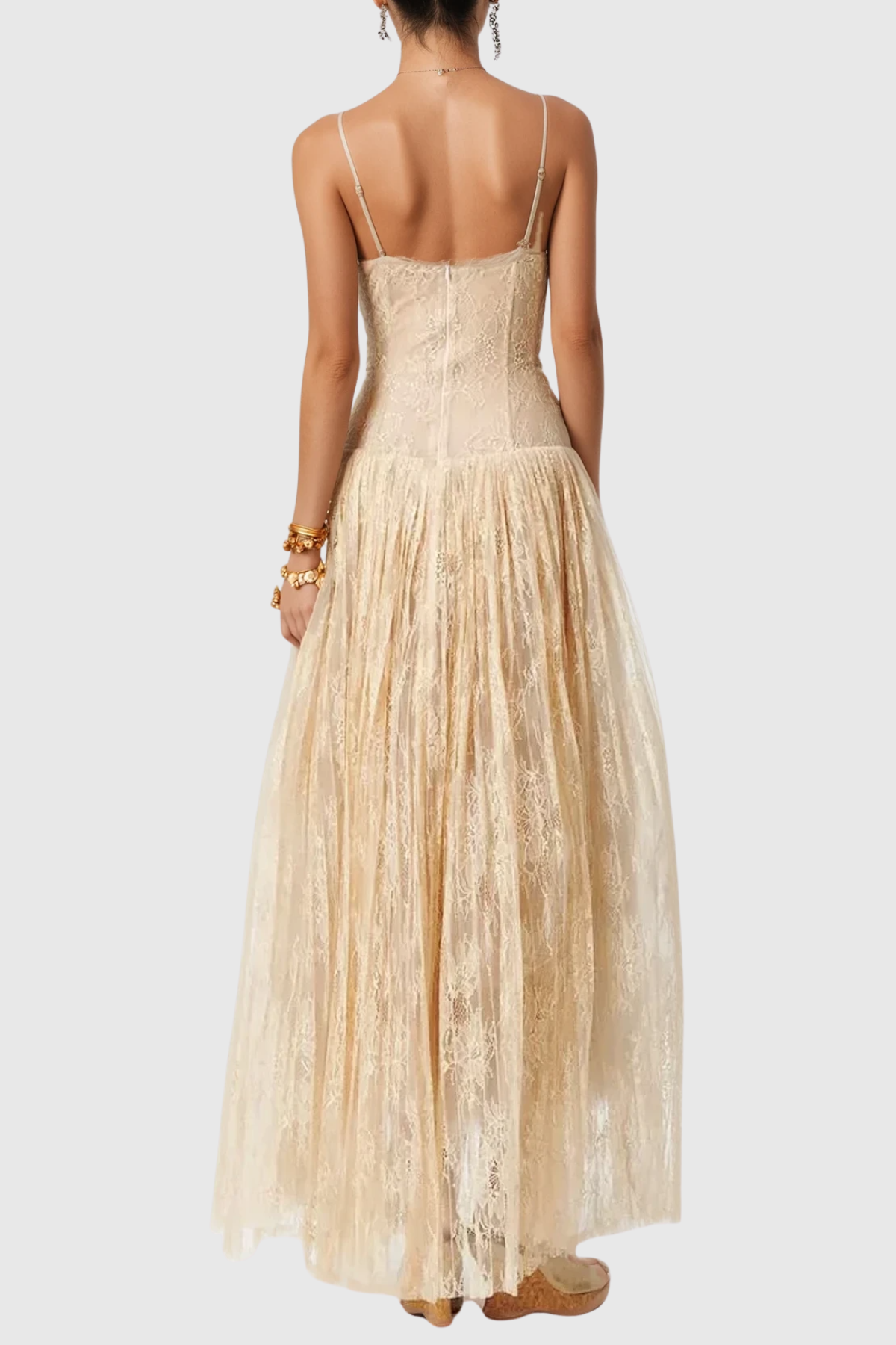 Jurin Lace Pleated Maxi Dress - Beige