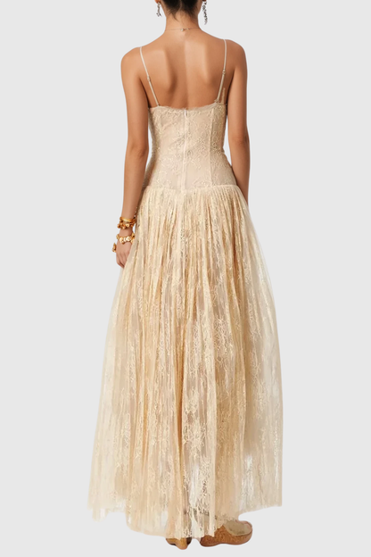 Jurin Lace Pleated Maxi Dress - Beige