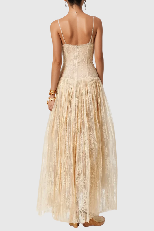 Jurin Lace Pleated Maxi Dress - Beige