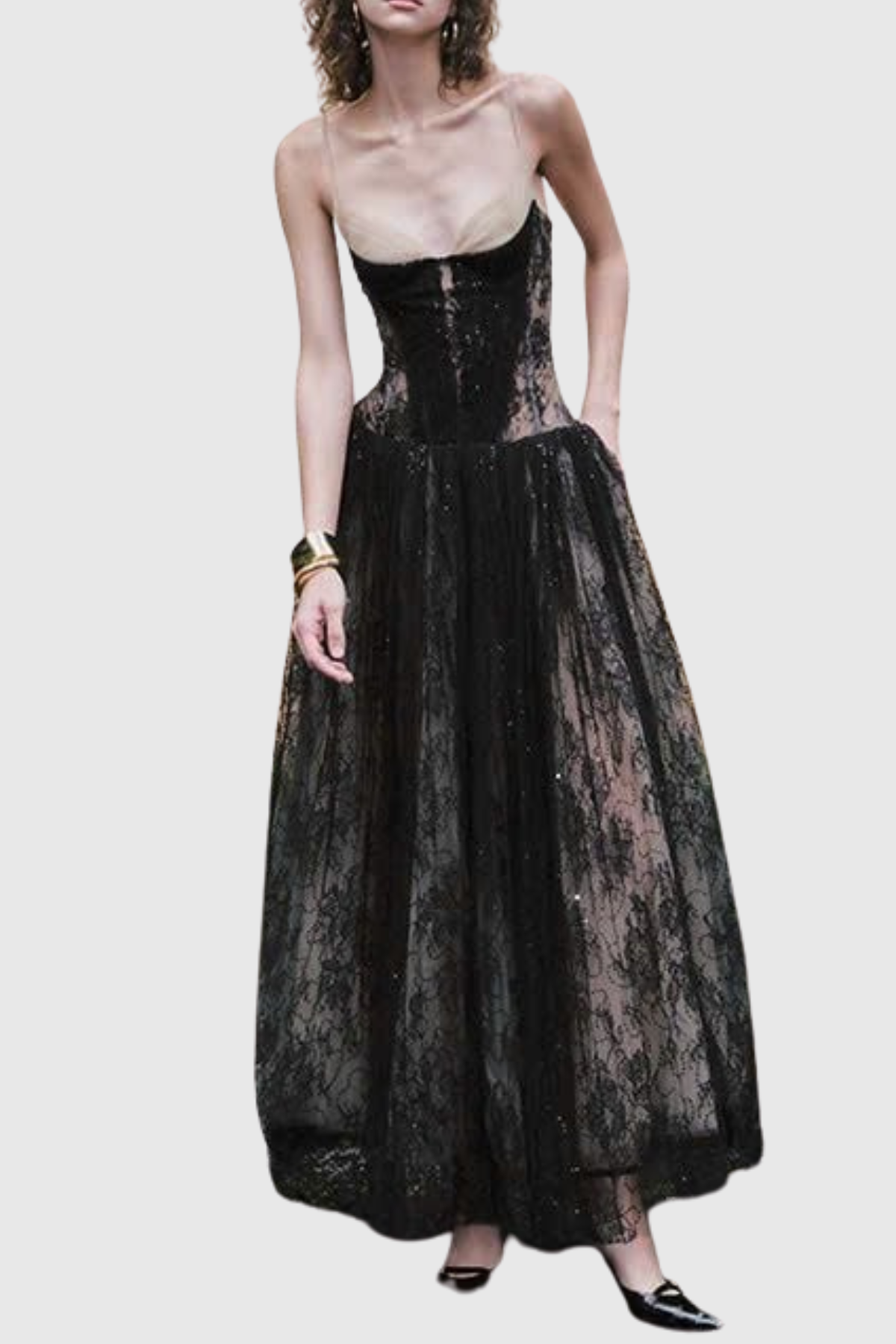 Jurin Lace Pleated Maxi Dress - Black