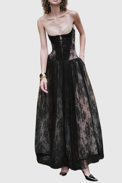 Jurin Lace Pleated Maxi Dress - Black