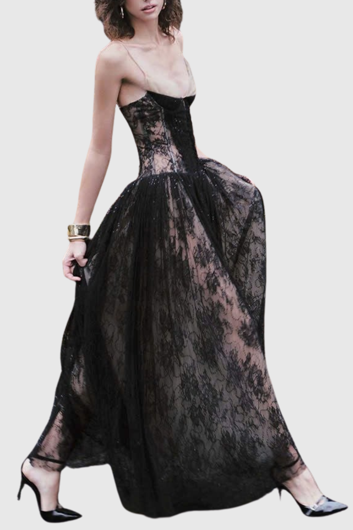 Jurin Lace Pleated Maxi Dress - Black