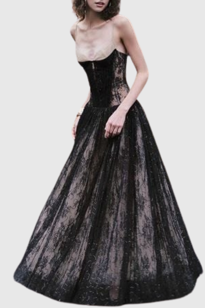 Jurin Lace Pleated Maxi Dress - Black