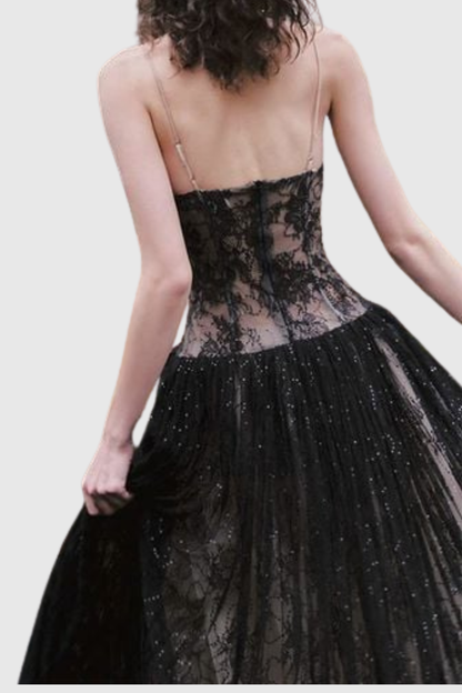 Jurin Lace Pleated Maxi Dress - Black