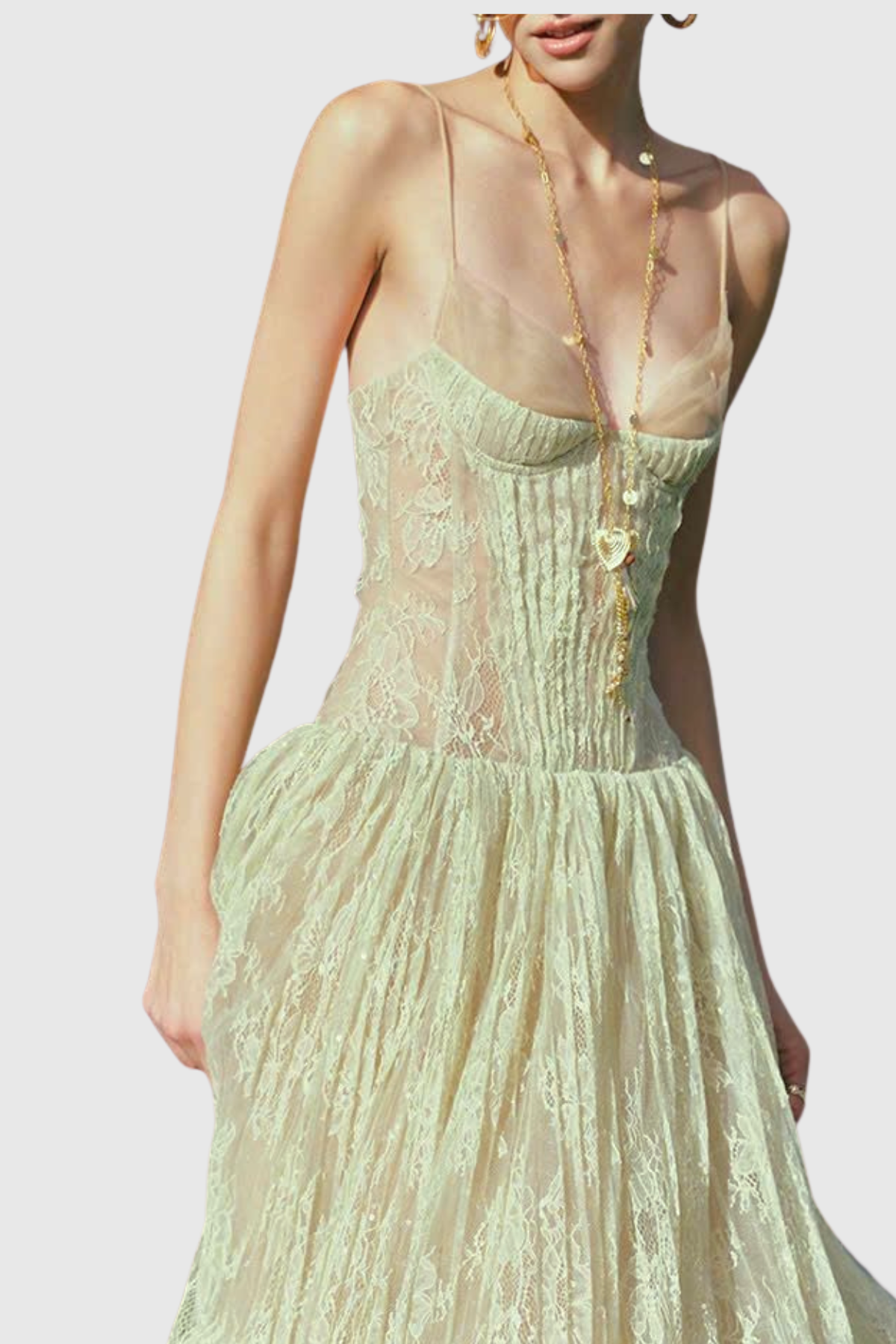 Jurin Lace Pleated Maxi Dress - Green
