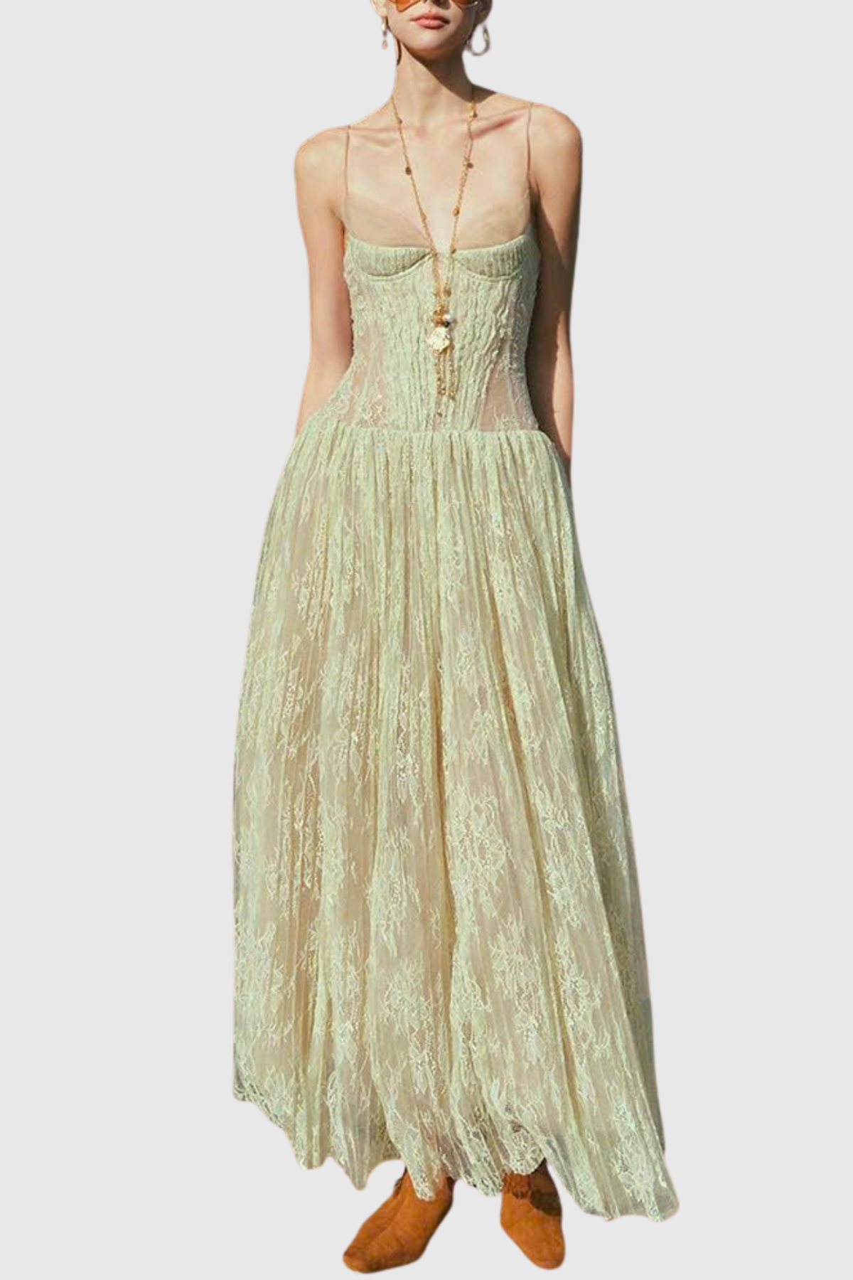 Jurin Lace Pleated Maxi Dress - Green