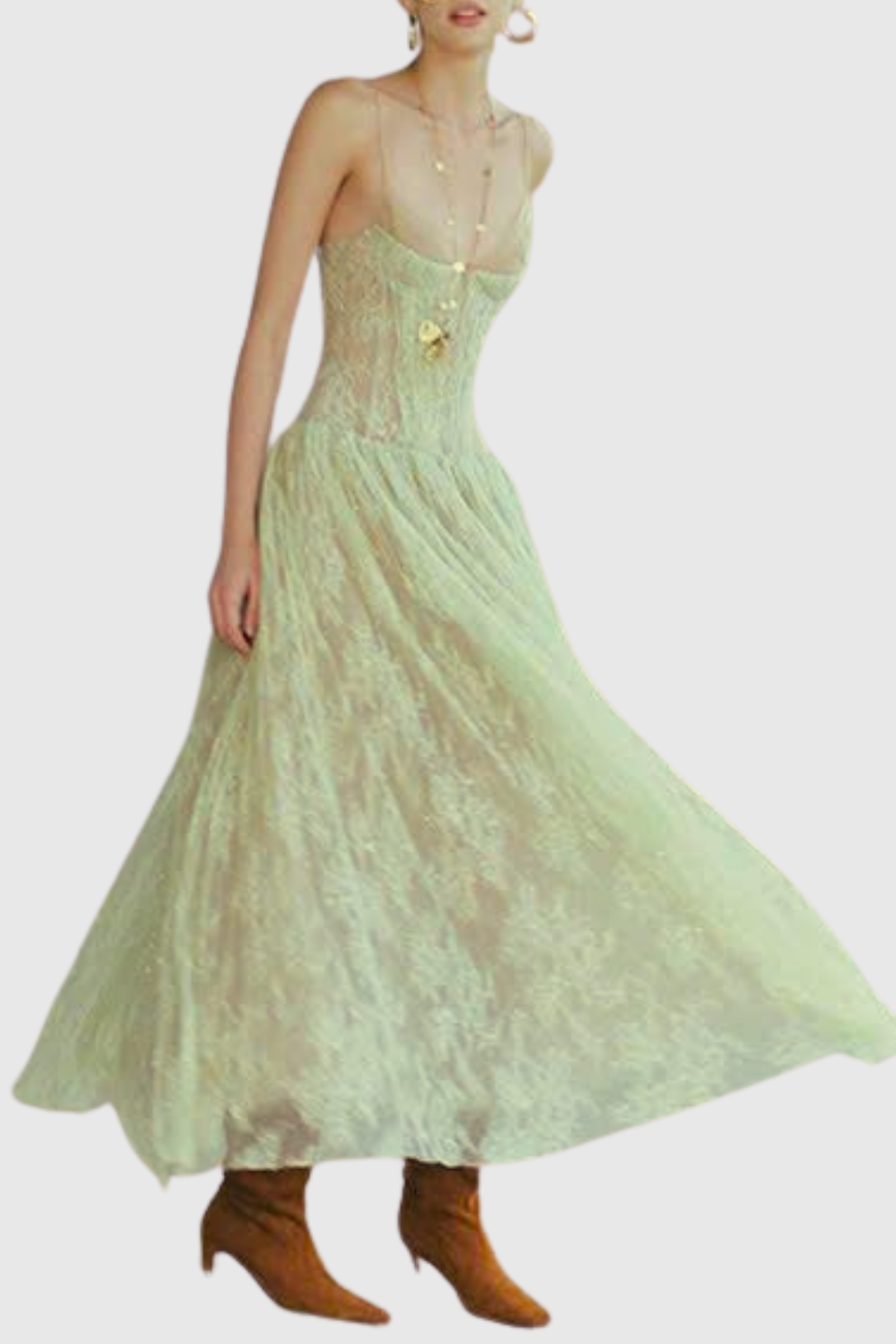 Jurin Lace Pleated Maxi Dress - Green