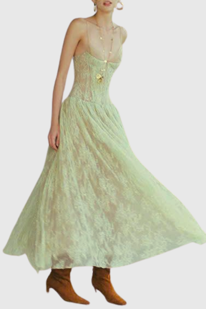 Jurin Lace Pleated Maxi Dress - Green