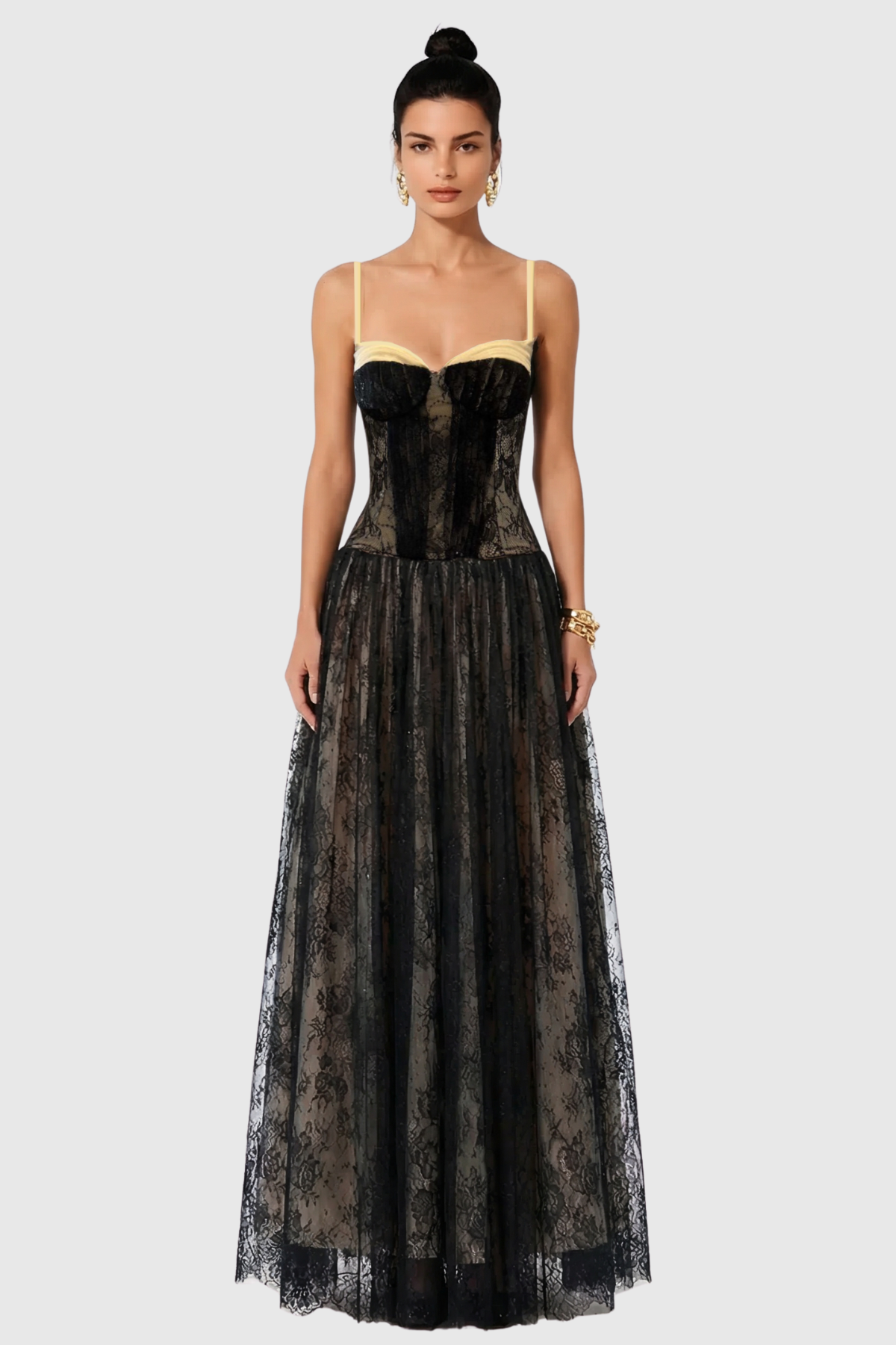 Jurin Lace Pleated Maxi Dress - Black