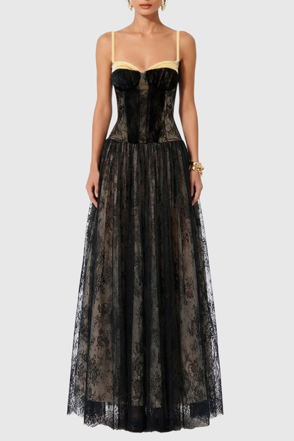 Jurin Lace Pleated Maxi Dress - Black