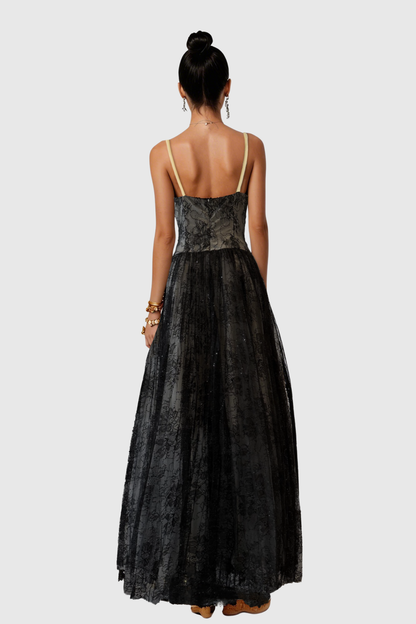 Jurin Lace Pleated Maxi Dress - Black