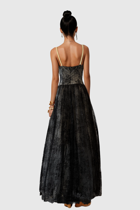 Jurin Lace Pleated Maxi Dress - Black