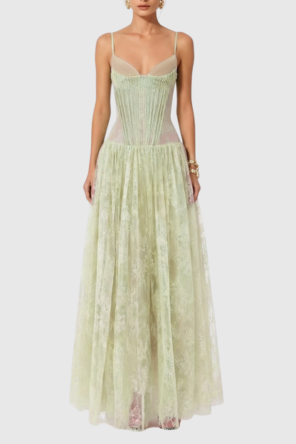 Jurin Lace Pleated Maxi Dress - Green